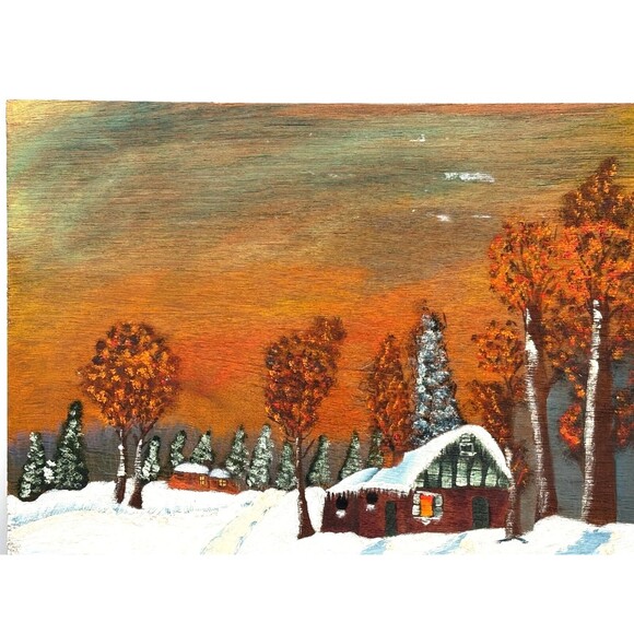 Winter Scene Painting Hand Painted Original Acrylic Rough Wood Raw Edge Signed - Picture 3 of 11